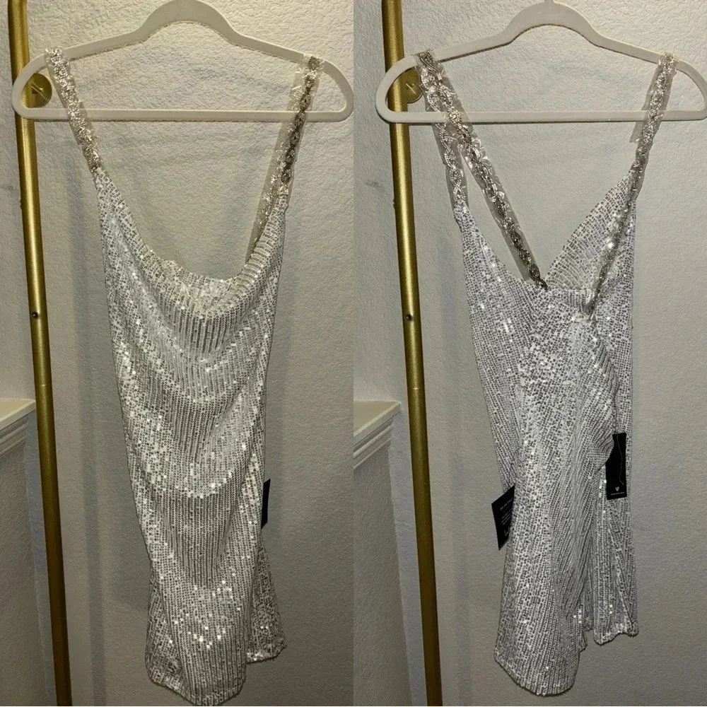 NWT Lulus Famous Behavior Silver Sequin Cowl Neck Mini Dress - Picture 6 of 10